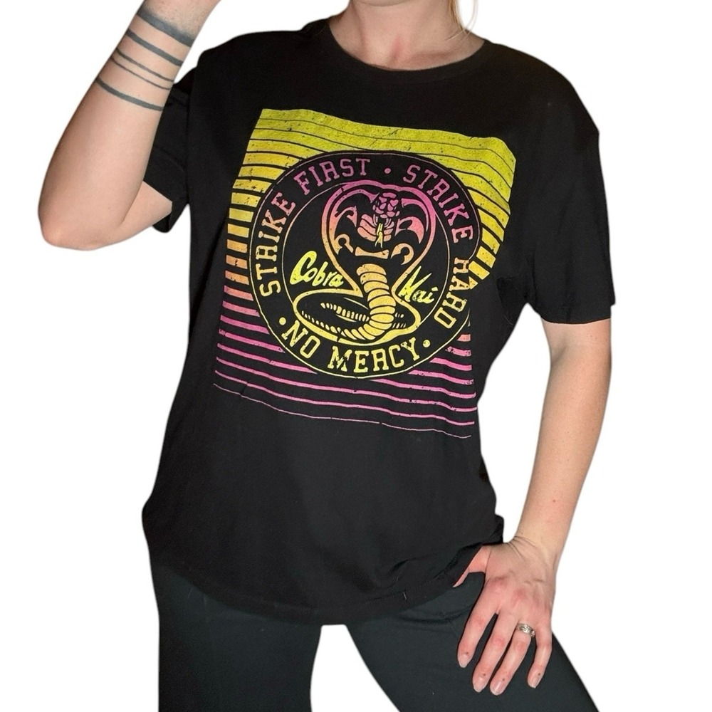 Cobra Kai Strike First Strike Hard No Mercy graphic purple & yellow T Shirt